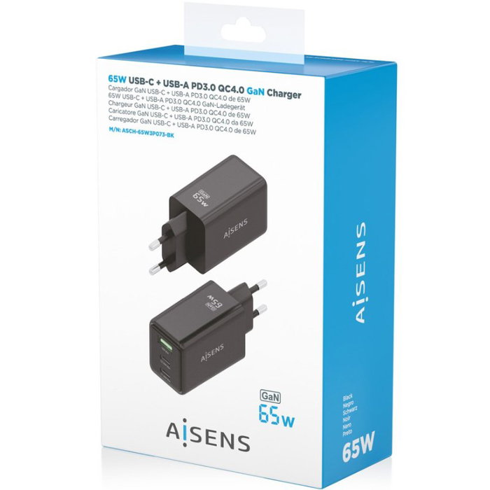 Aisens Cargador GaN 65W con 2xUSB-C y 1xUSB-A, Negro Aisens Cargador GaN 65W con 2xUSB-C y 1xUSB-A, Negro